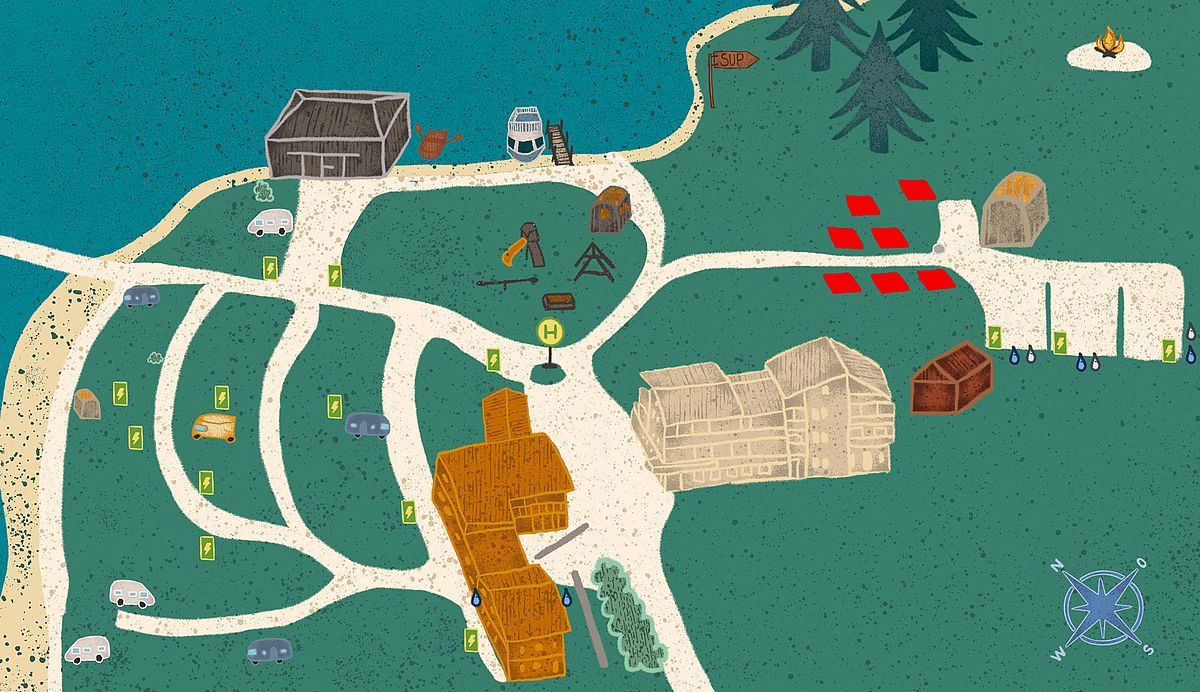 Illustrierter Lageplan eines Campingplatzes am See mit Stellplätzen "Zeltplatz Premium", Gebäuden, Spielbereich und SUP-Zugang