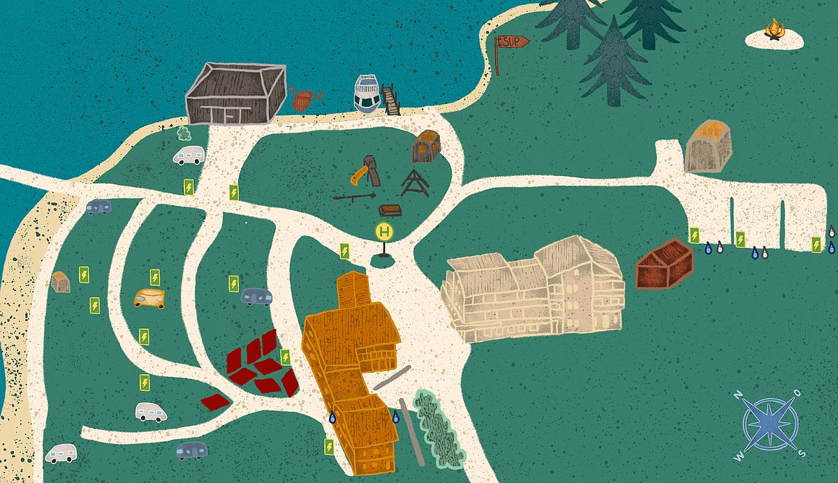 Illustrierter Lageplan eines Campingplatzes am See mit Stellplätzen "Zeltplatz Bunterplatz", Gebäuden, Spielbereich und SUP-Zugang